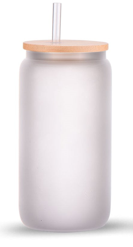16OZ SUBLIMATION FROSTED GLASS BEER CAN WITH BAMBOO LID AND STRAW